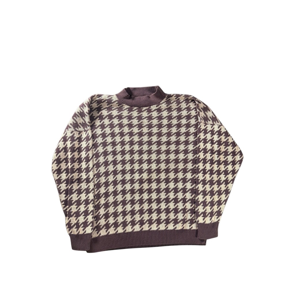 Vintage Donagain Houndstooth Sweater Purple Cream Made in USA Mock Neck XL